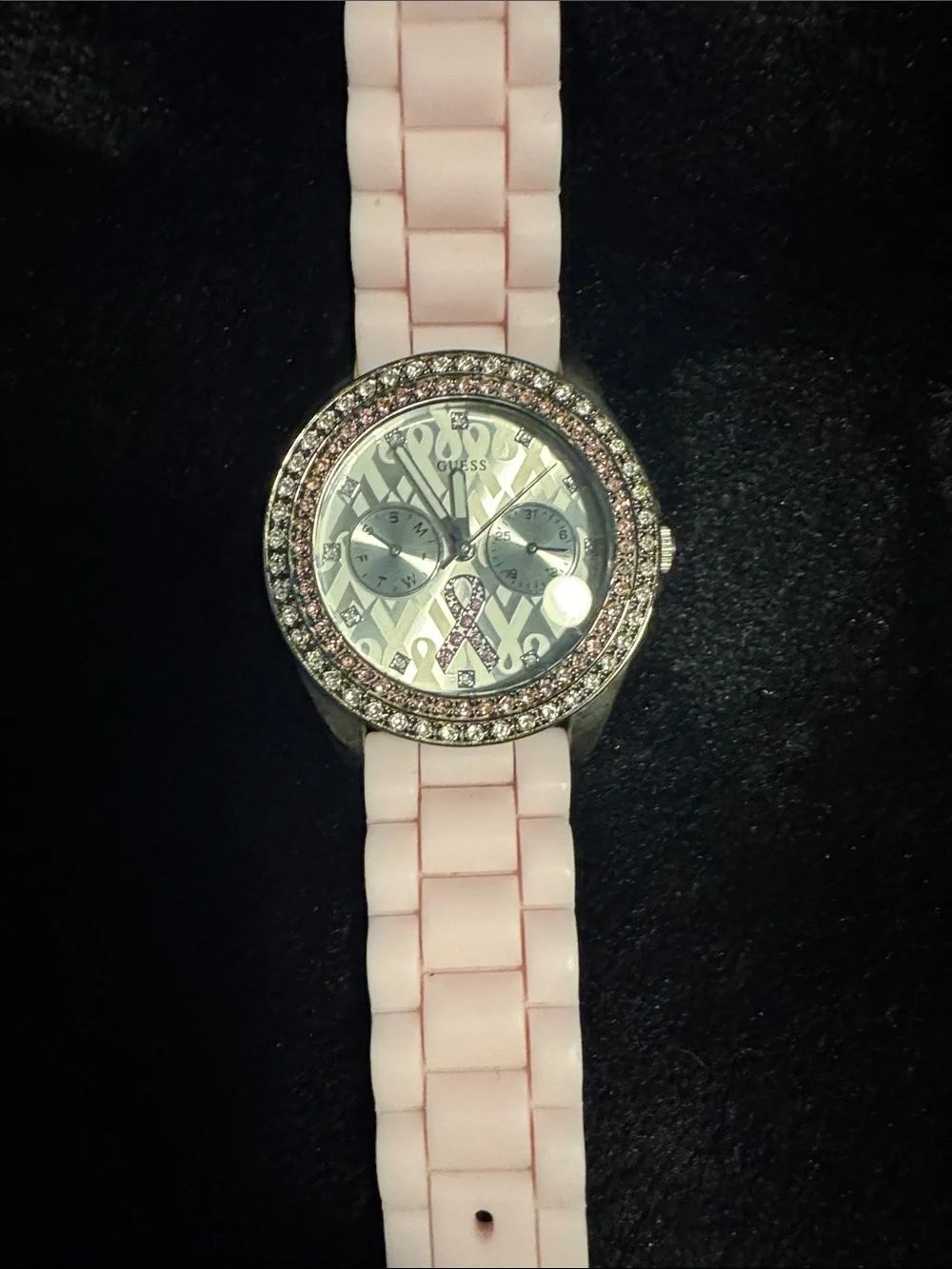 GUESS Pink Silicone Strap Watch with Crystal Bezel